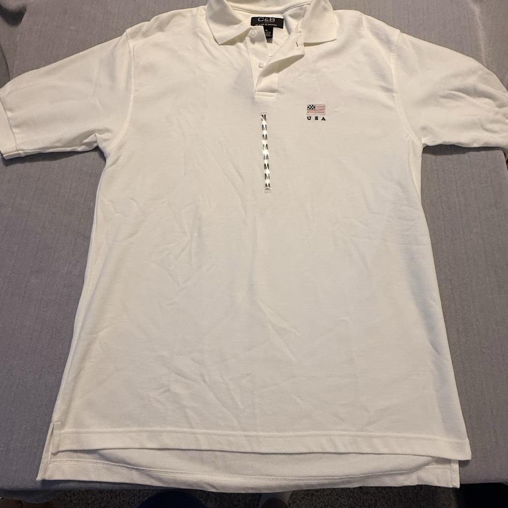 C&B Sport Croft & Barrow Mens M White Polo Shirt USA American Flag Cotton